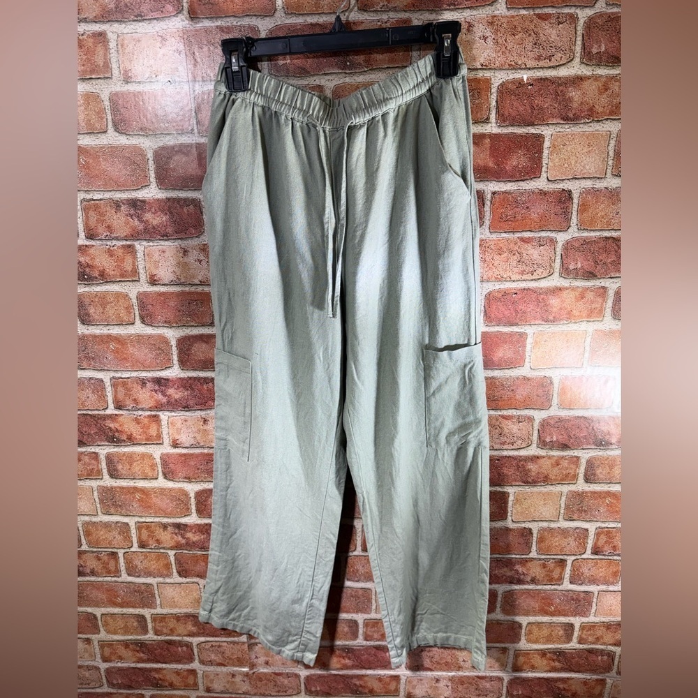 Linen blend Loose fit eurosummer sage green pull on tie waist cargo pants
